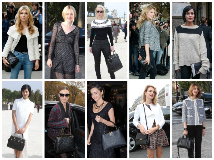 Sofia Coppola with Louis Vuitton SC Satchel, Natalia Vodianova with Stella McCartney Faux Napa Boxy Shoulder bag, Miranda Kerr with Louis Vuitton Capucines Bag, Miranda Kerr with Chanel Chain Trim Tote, Leigh Lezark with Victor & Rolf Bombette Bag, Leigh Lezark with Chloe Alice Clutch, Kate Upton, Iggy Azalea with Victor & Rolf Bombette Bag, Dakota Fanning with LV Monogram Flat Clitch, Clemence Poessy with Chanel 2.55 Reissue Bag, collage with big bag, fashion blogger, lavender loafers,