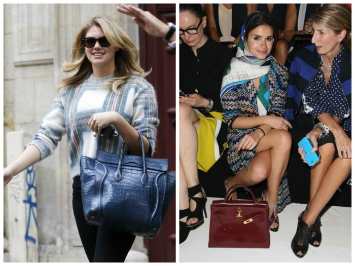 Kate Upton with Celine Luggage Tote, Mira Duma with Hermes Kelly Bag, paris fashion week, lavender loafers, fashion blogger, bags, celebrities, 